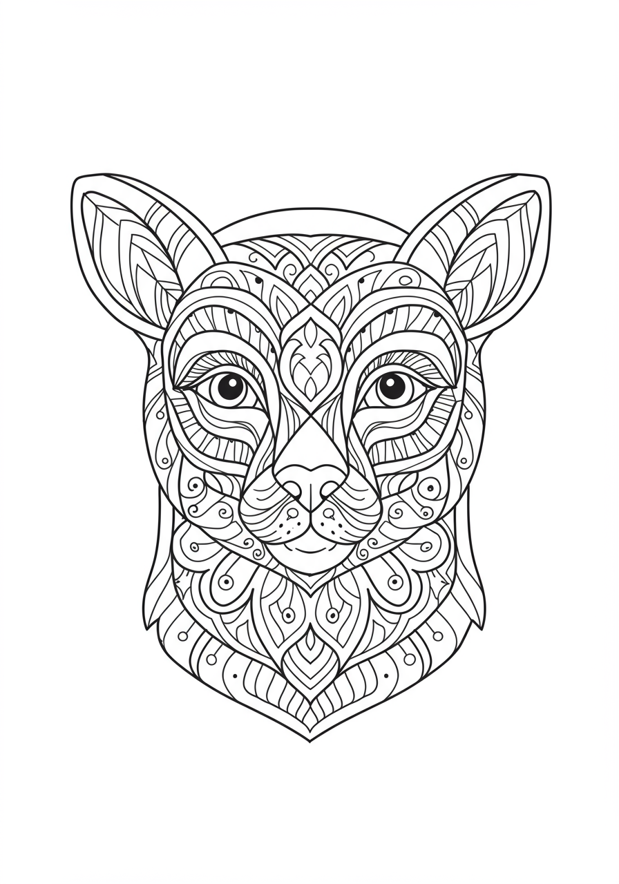 Free printable geometric animal head mandala coloring page for kids, featuring intricate patterns and shapes forming an animal face, suitable for easy coloring.