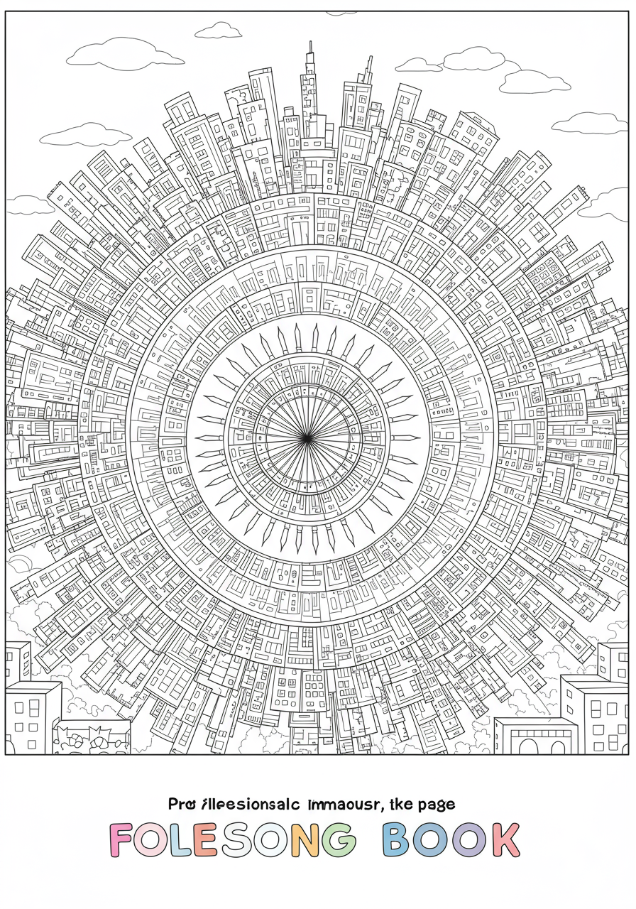 A free printable coloring page featuring a geometric cityscape designed in a mandala style, with symmetrical buildings and shapes for kids to color.