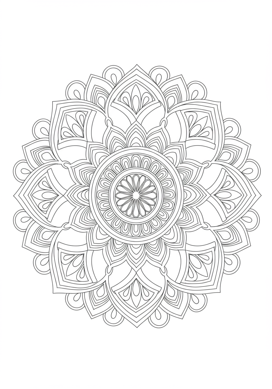 A free printable coloring page featuring an easy geometric floral fusion mandala design, perfect for kids, with intricate yet simple flower and geometric patterns.
