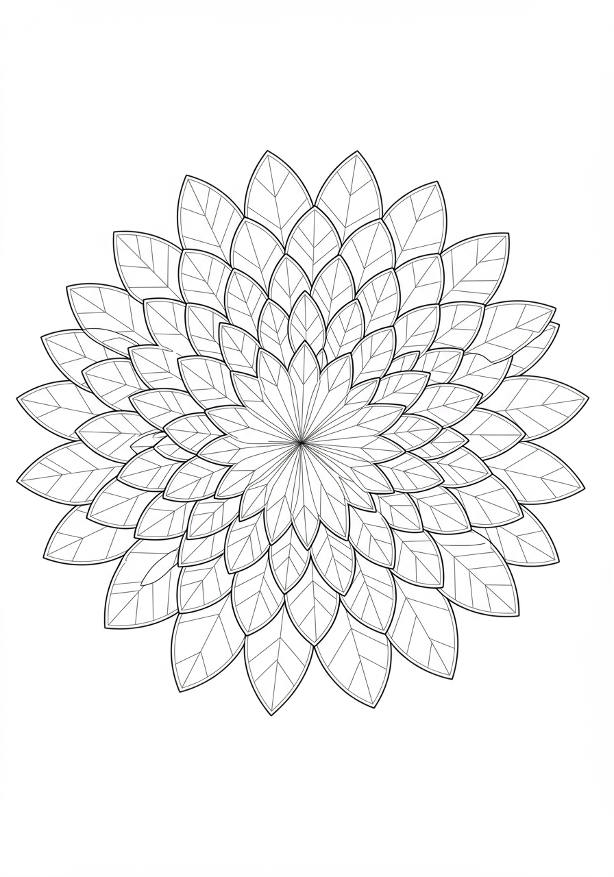 An easy free printable geometric leaf mandala pattern coloring page for kids, featuring symmetrical leaf shapes arranged in a circular design.