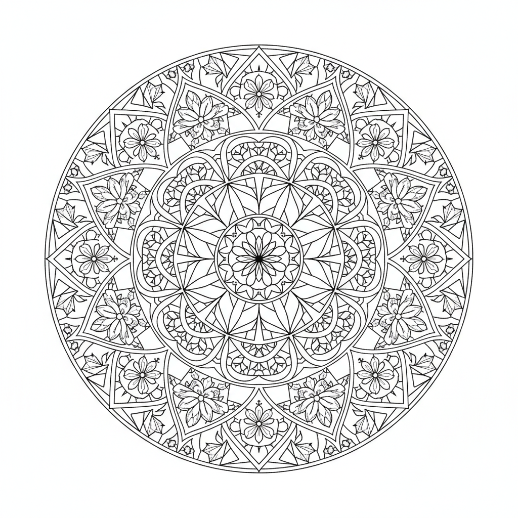 Detailed free printable Geometric Sacred Pattern Mandala coloring page for adults, featuring intricate circles, triangles, and squares for mindful coloring.