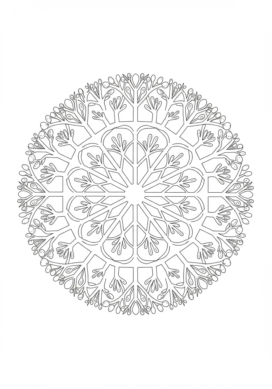 Free printable coloring page featuring a simple geometric tree branches mandala design, perfect for kids.