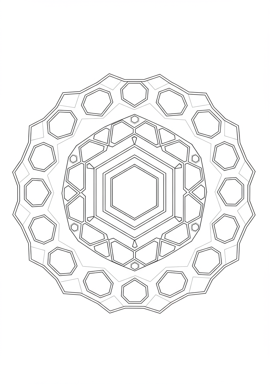 A free printable Honeycomb Pattern Mandala coloring page featuring a central hexagon surrounded by repeating hexagonal patterns, perfect for kids to color.