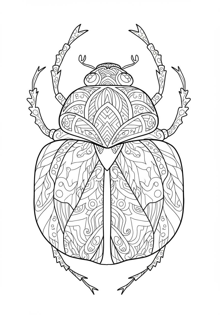 Free printable Intricate Beetle Shell Mandala coloring page for kids, featuring a symmetrical beetle shell design filled with radiating patterns for creative coloring.