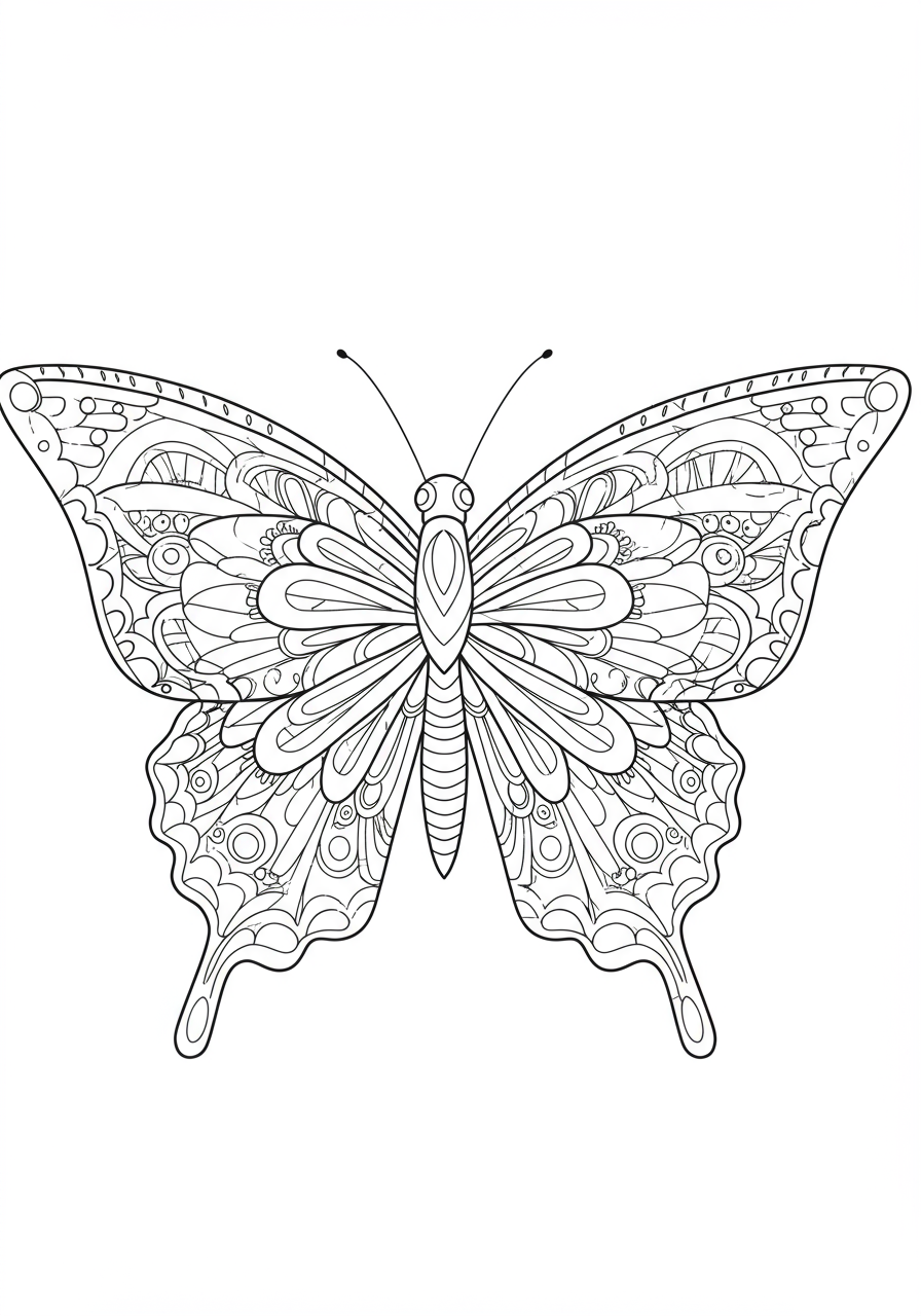 Free printable intricate butterfly mandala coloring page for kids, showcasing a symmetrical butterfly design with detailed patterns for creative coloring and relaxation.