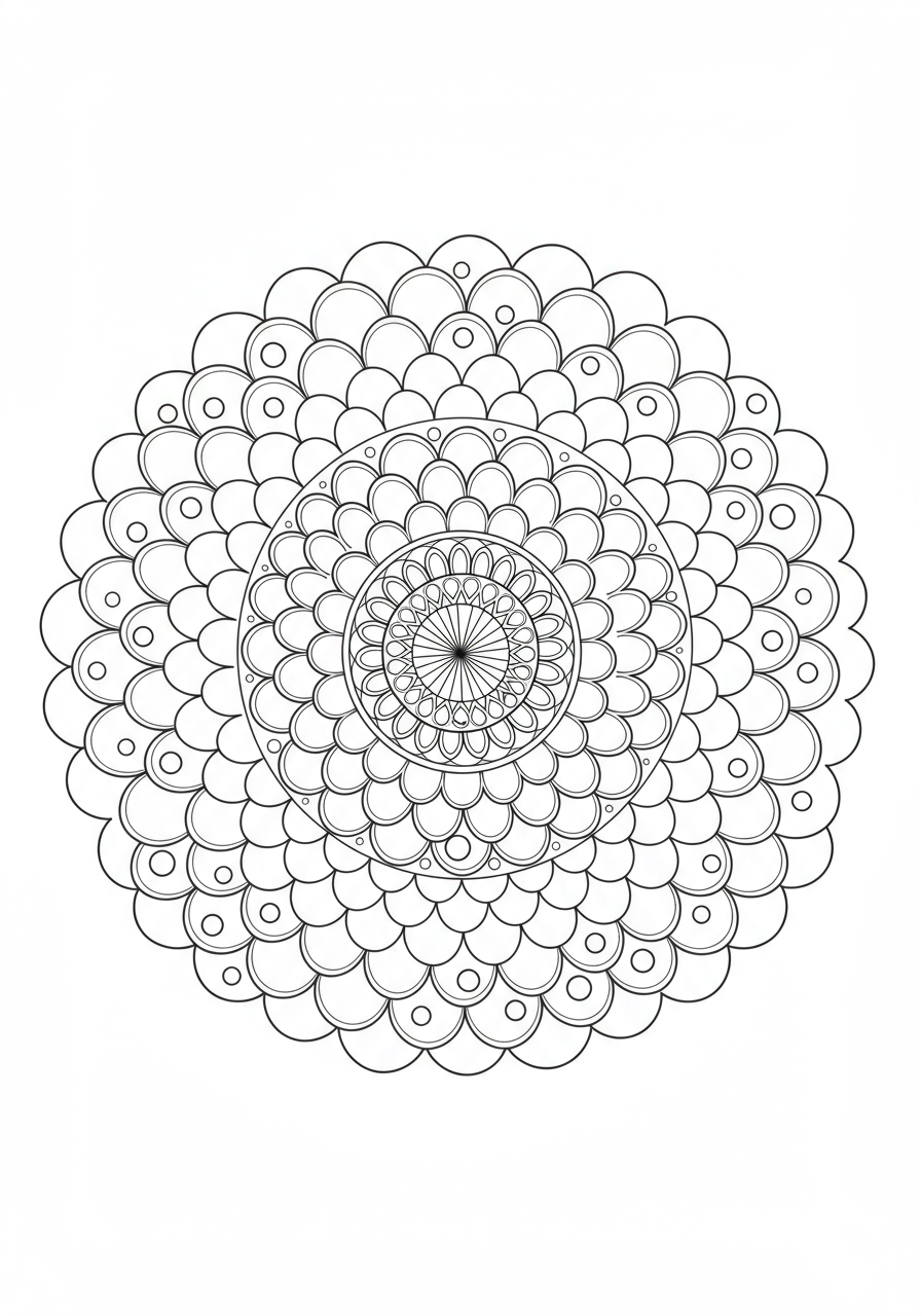 Free printable intricate fish scales mandala coloring page for kids, featuring a symmetrical ocean-themed pattern.