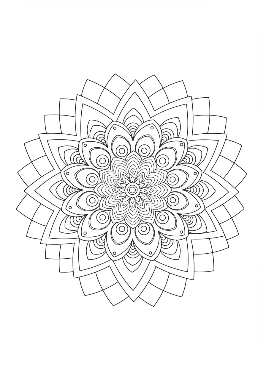 Free printable coloring page featuring an easy intricate geometric mandala design, perfect for kids to color and relax.
