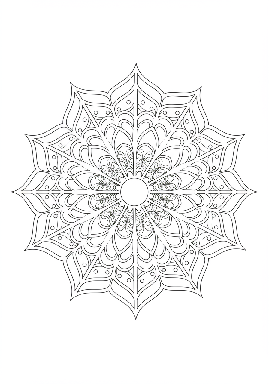 A free printable intricate spiderweb mandala coloring page for kids, featuring a symmetrical web pattern with delicate details and a central circle, ready for creative coloring.