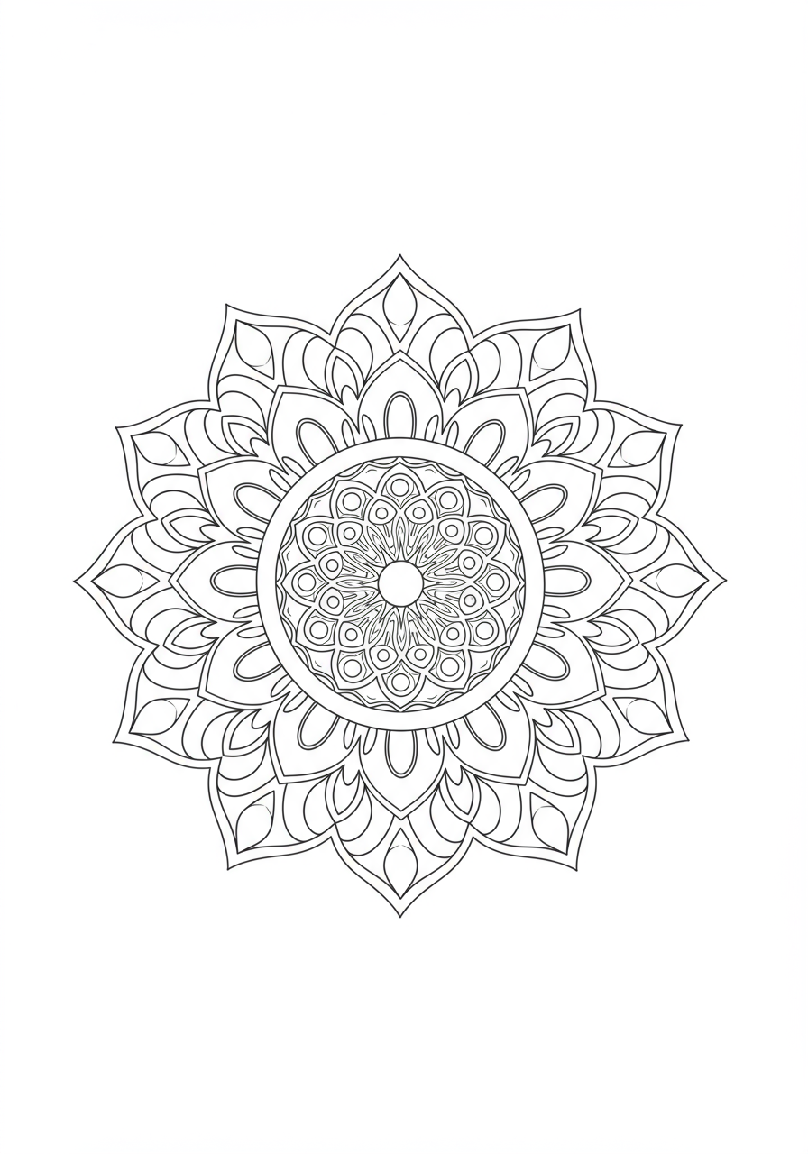 Free printable kaleidoscope effect mandala coloring page for kids with easy, symmetrical patterns and bold lines.
