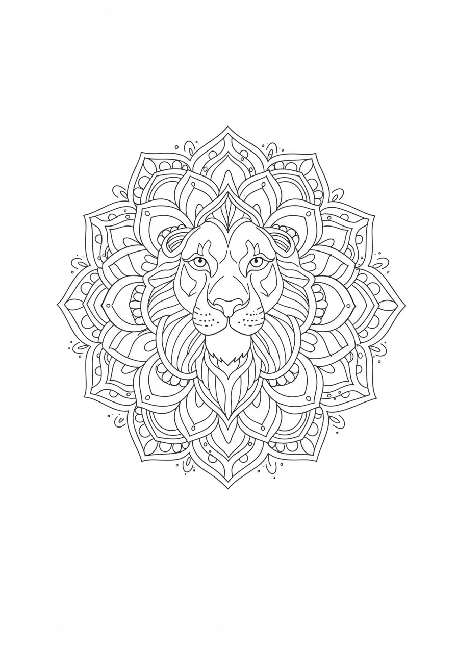 Free printable coloring page featuring an easy majestic lion mandala design for kids.