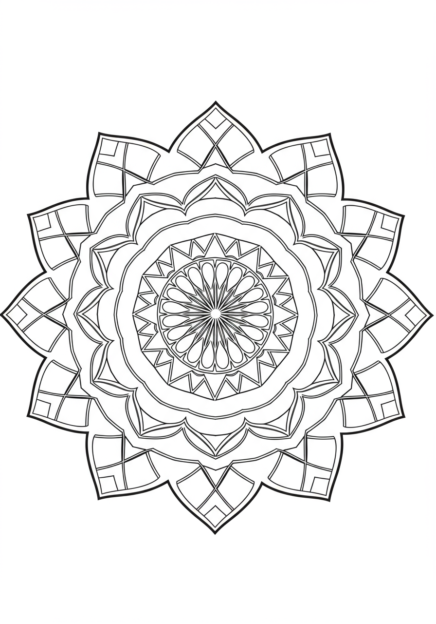 Free printable coloring page featuring an easy modern abstract mandala design with bold lines and geometric shapes, suitable for kids to color and explore creativity.