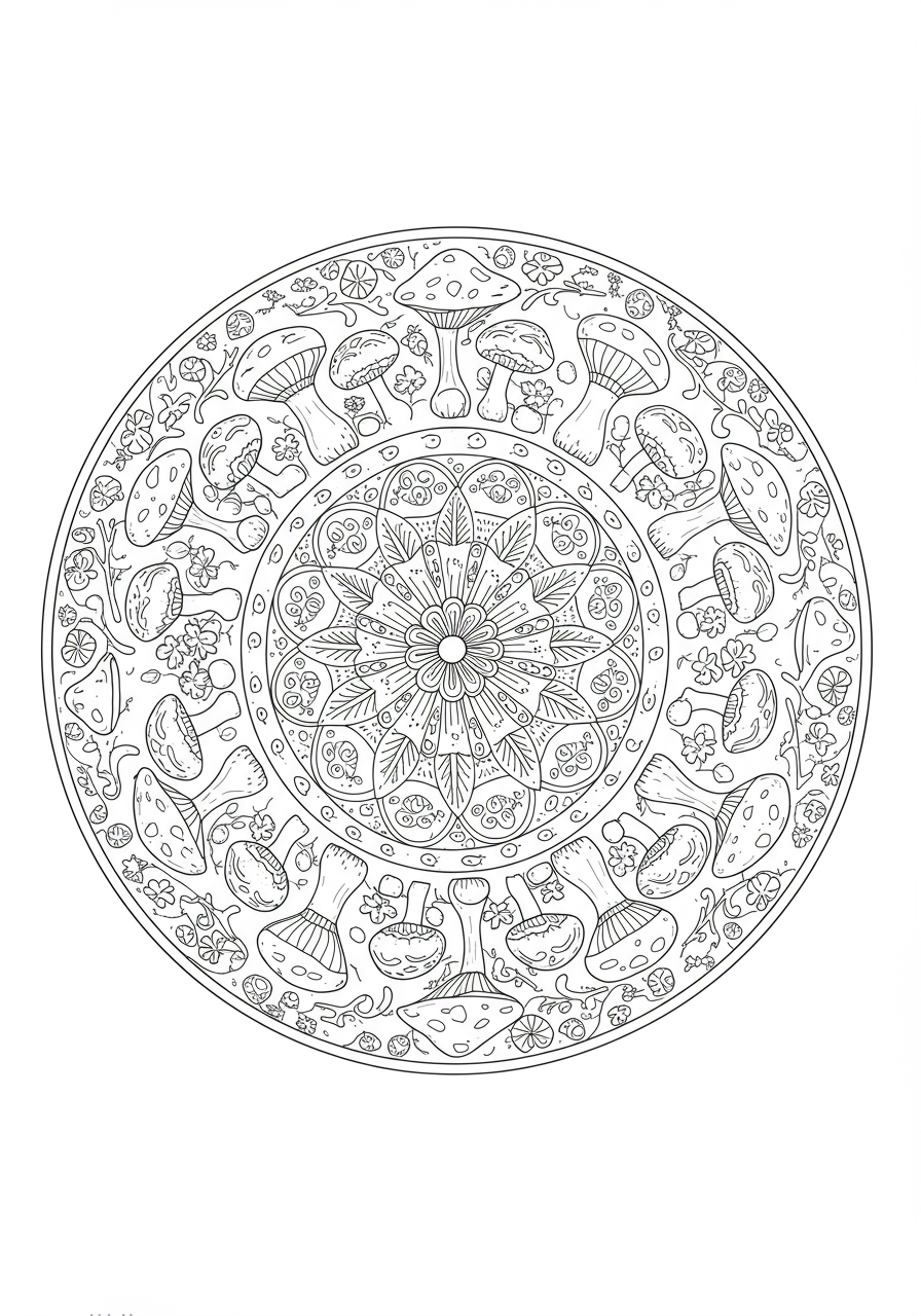 Free printable Mushroom Ring Mandala coloring page for kids, showing a symmetrical circular pattern of mushrooms and nature elements, easy difficulty.