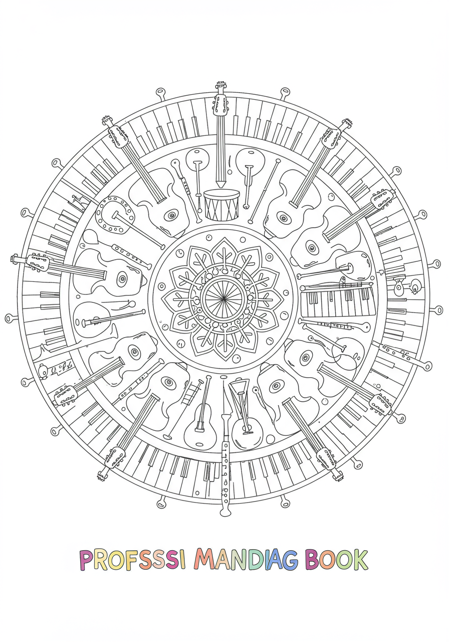 Free printable coloring page featuring a circular mandala design made from various musical instruments like guitars, drums, flutes, and pianos, perfect for kids.