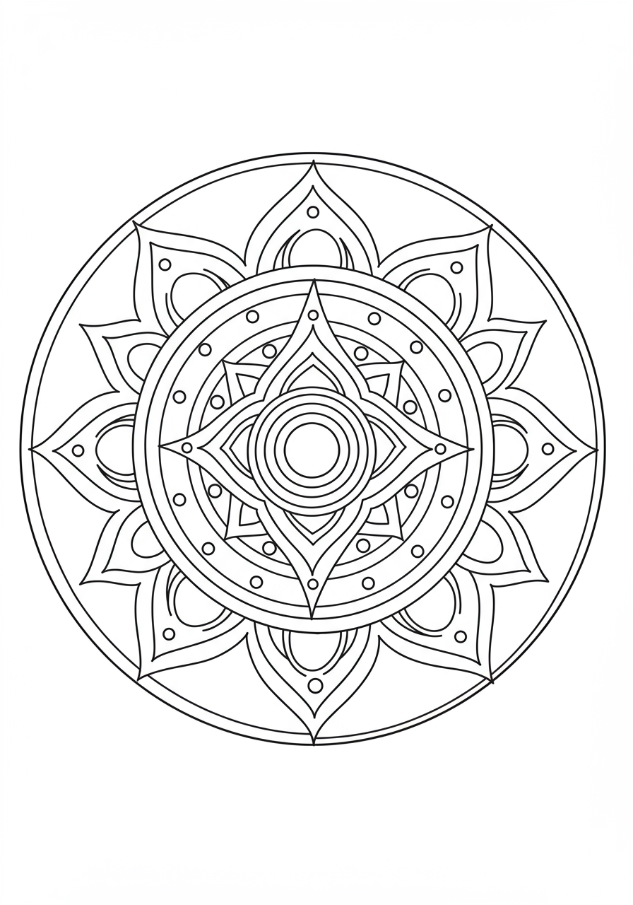 A free printable Mystic Eye Mandala coloring page featuring a central stylized eye surrounded by simple, repetitive circular patterns, suitable for kids.