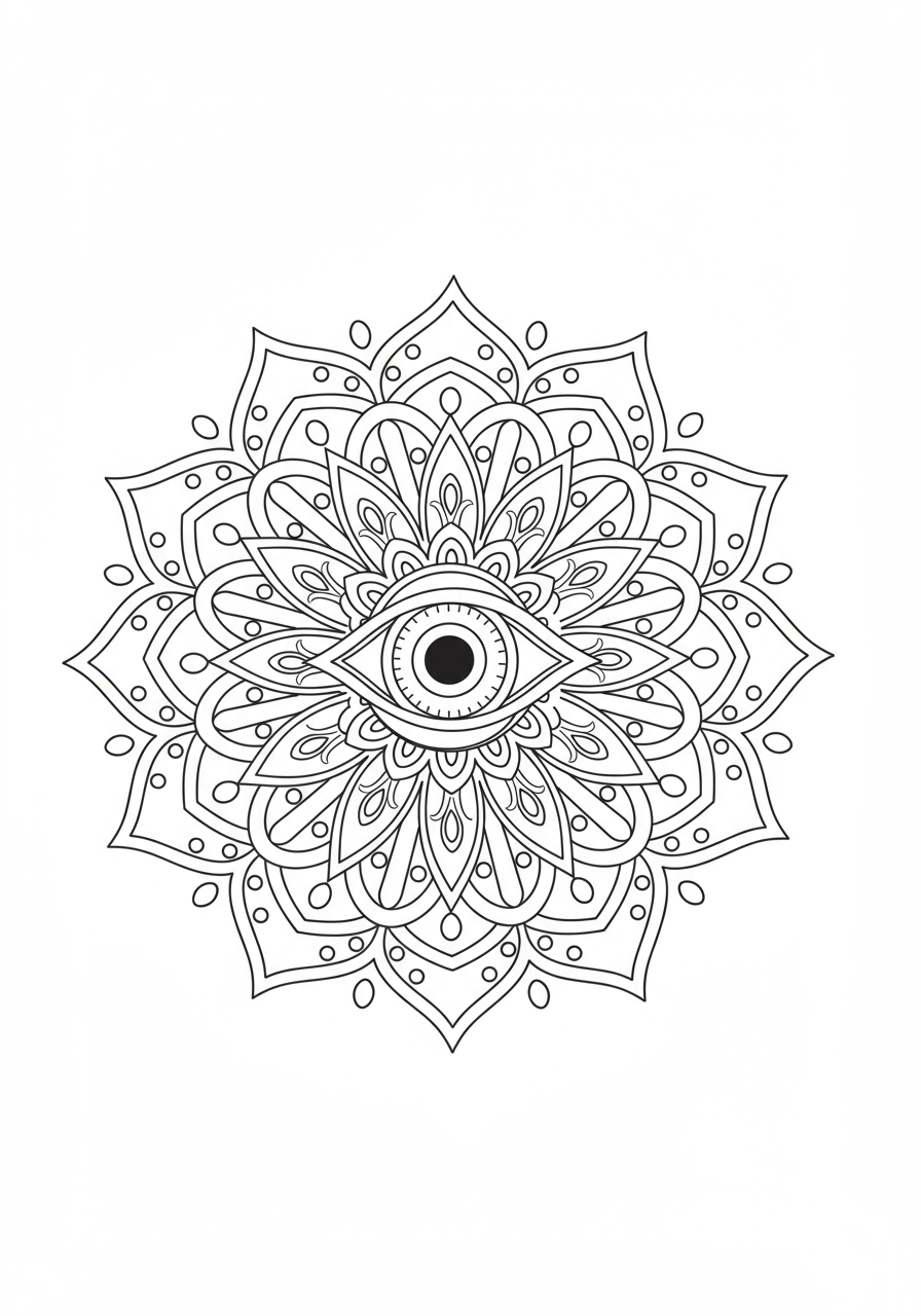 Free printable Mystical Eye Mandala coloring page for kids, featuring a symmetrical design with a central eye and radiating patterns, perfect for mindful coloring and creative expression.