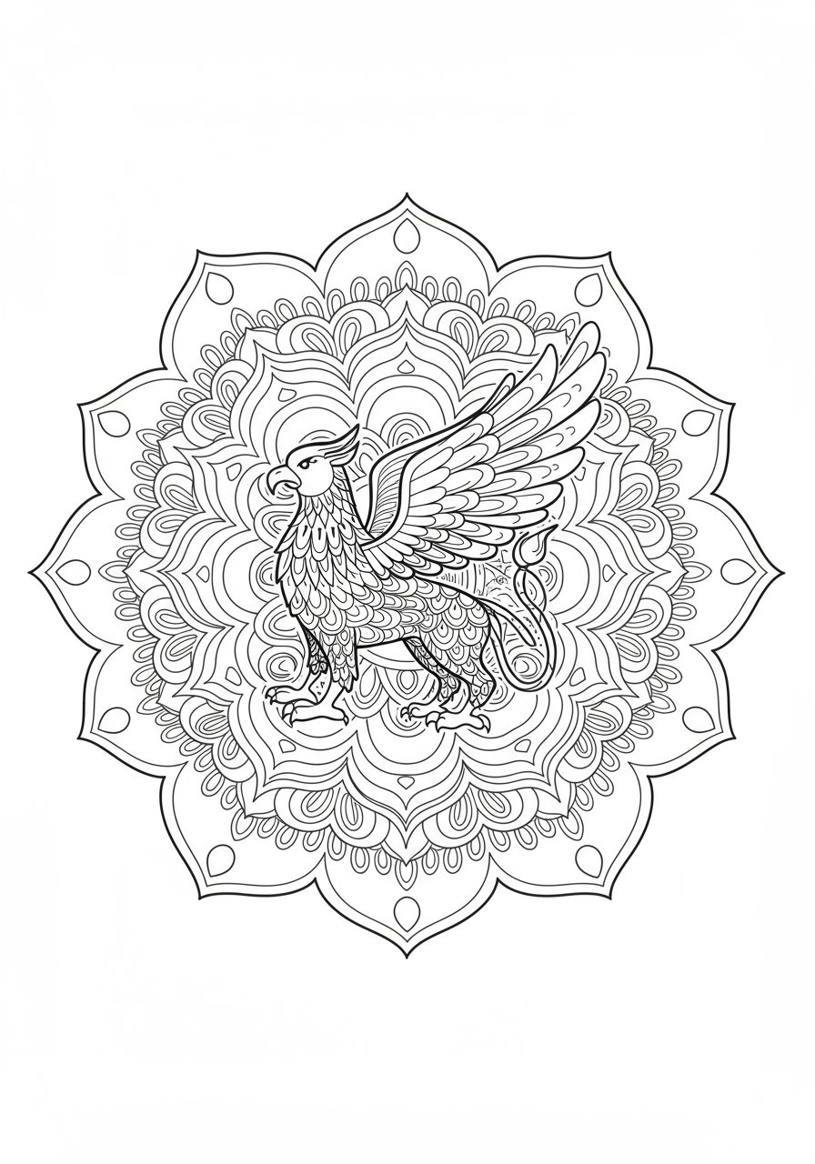 Free printable coloring page featuring an easy mythical griffin mandala design for kids, showcasing a central griffin within symmetrical patterns.