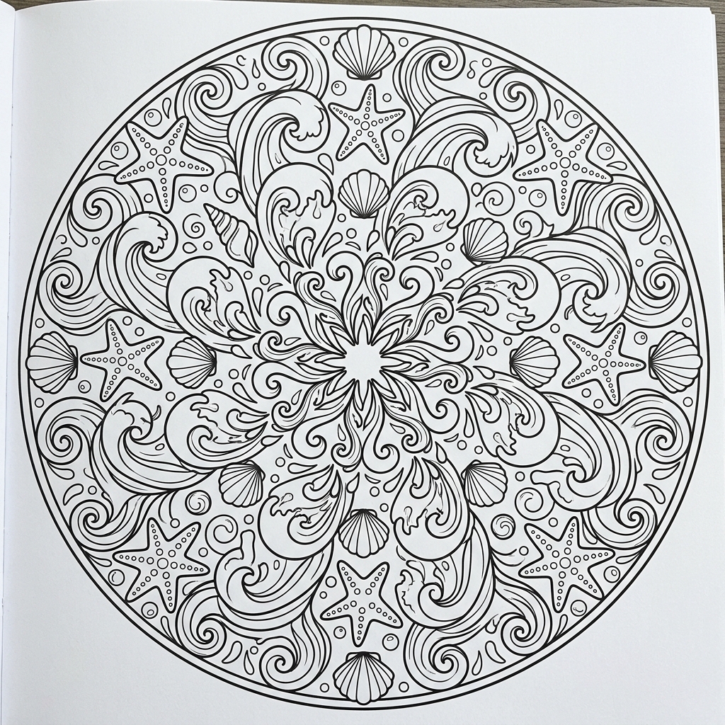 Free printable Ocean Wave Mandala coloring page for kids, featuring a symmetrical, easy-to-color design inspired by swirling ocean waves and marine patterns.