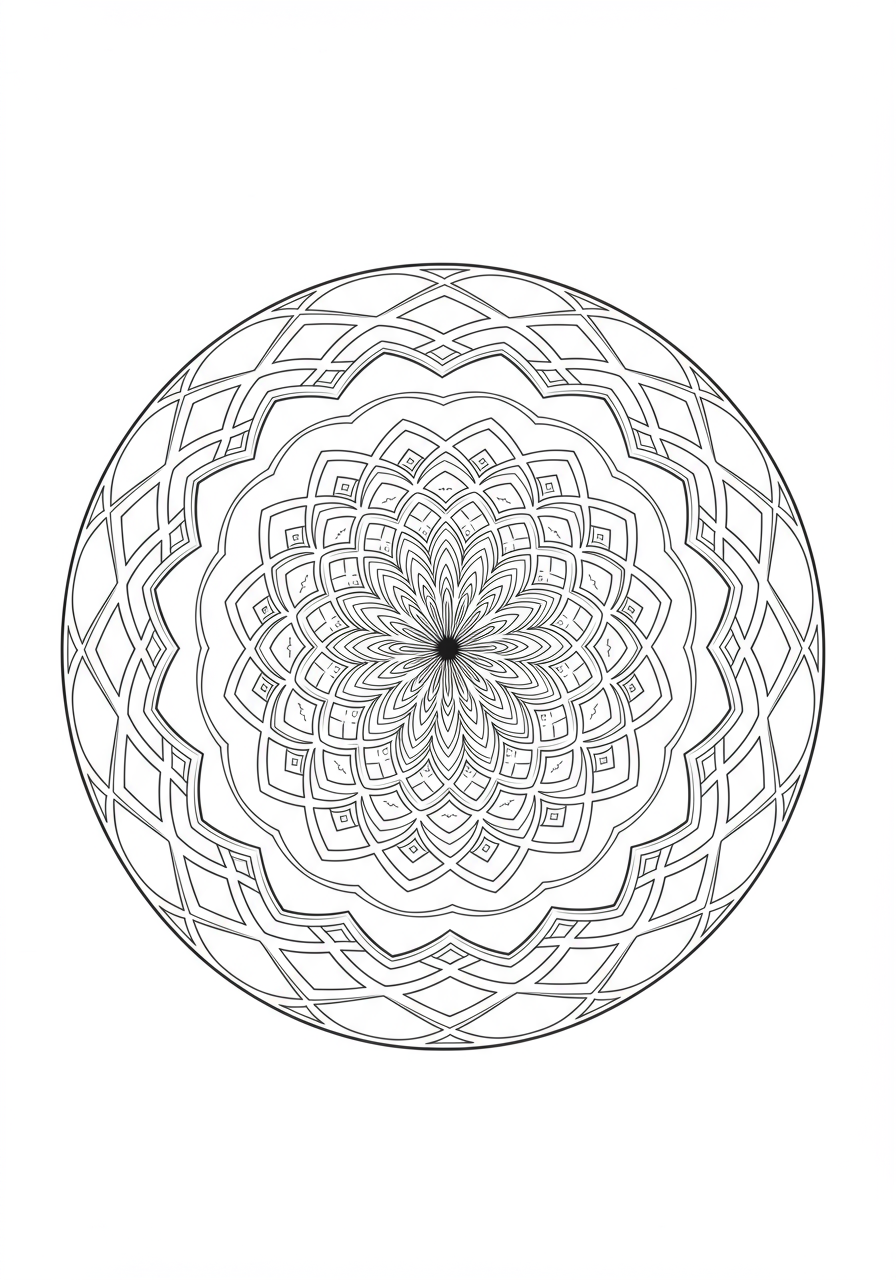 Free printable coloring page featuring an intricate optical illusion mandala pattern for kids to color.