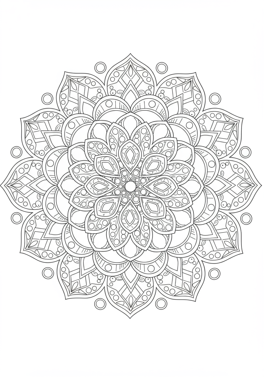 Free printable ornate jewel mandala coloring page for kids, featuring easy, symmetrical patterns with gem-like shapes and intricate details.