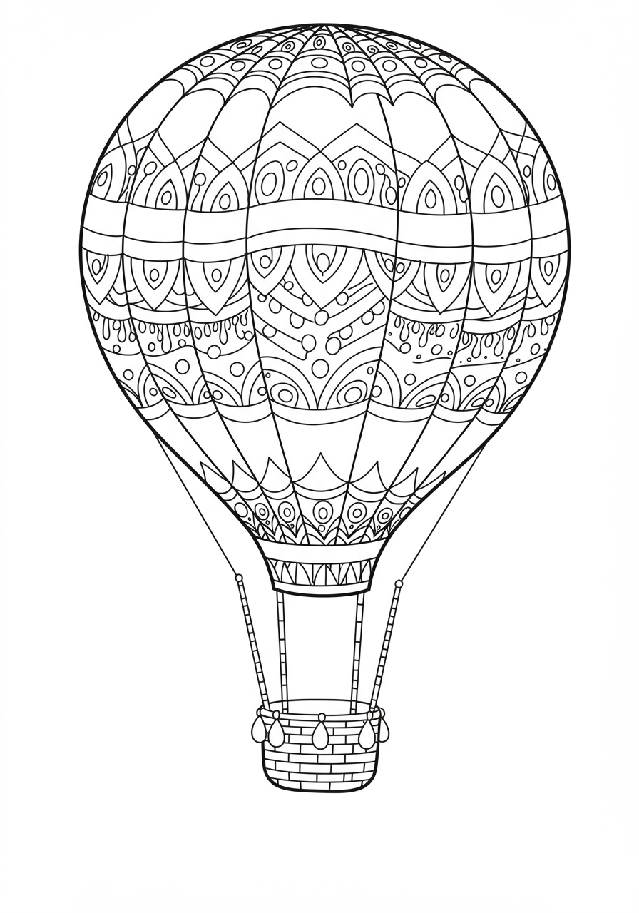 Free printable coloring page featuring an easy patterned hot air balloon in a mandala style, perfect for kids to color and enjoy.
