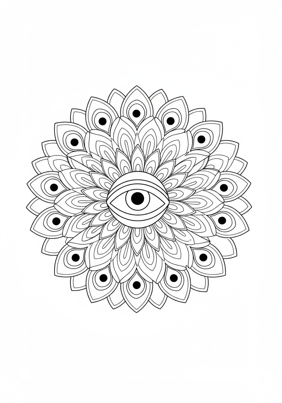 A free printable coloring page showing an easy peacock feather mandala design with a central eye pattern and symmetrical feather-like motifs, perfect for kids.