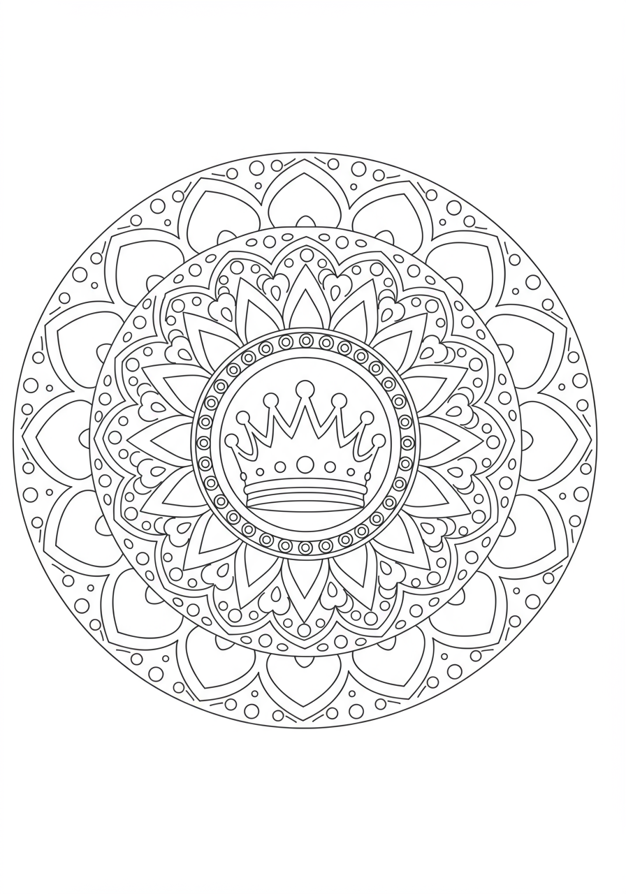 Free printable Regal Crown Mandala coloring page for kids, featuring an easy symmetrical design with a majestic crown at the center, perfect for creative coloring fun.