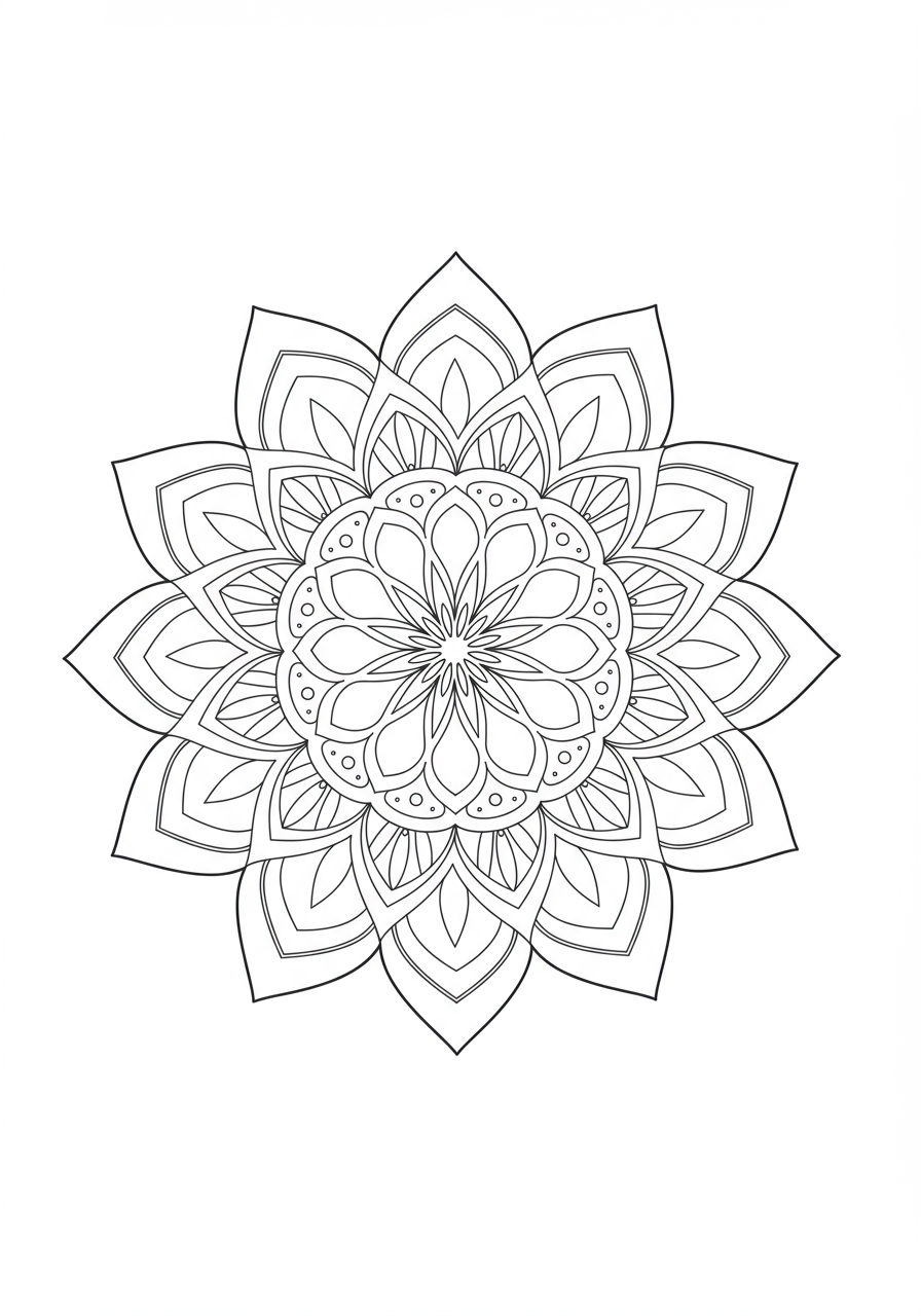 Free printable easy mandala coloring page featuring repeating flower petals for kids to color.