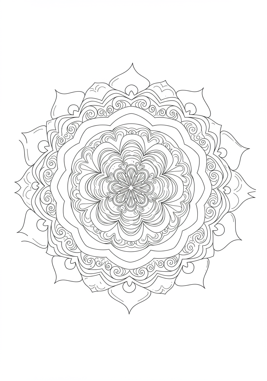 Free printable repeating wave mandala coloring page for kids, easy difficulty, featuring flowing symmetrical wave patterns.