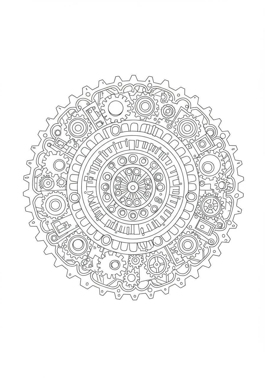 Free printable robot gears mandala coloring page for kids, showing a complex circular pattern of various interlocking gears, perfect for easy and fun mechanical-themed coloring.