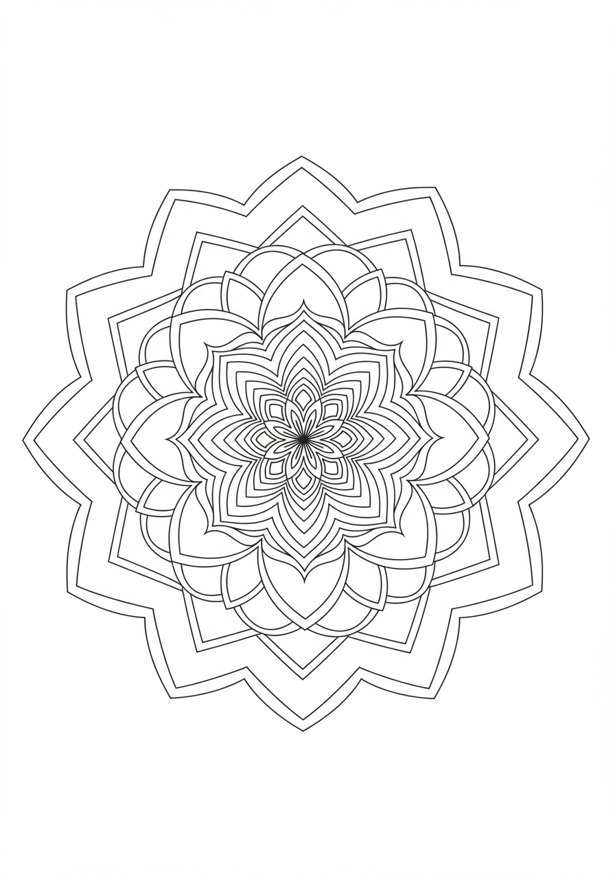 A free printable sacred geometry mandala coloring page with an easy, symmetrical pattern for kids to color.
