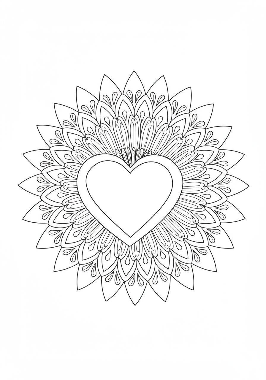 Free printable Sacred Heart Mandala coloring page for kids, featuring an easy-to-color heart surrounded by simple, radiating patterns, perfect for a relaxing creative activity.