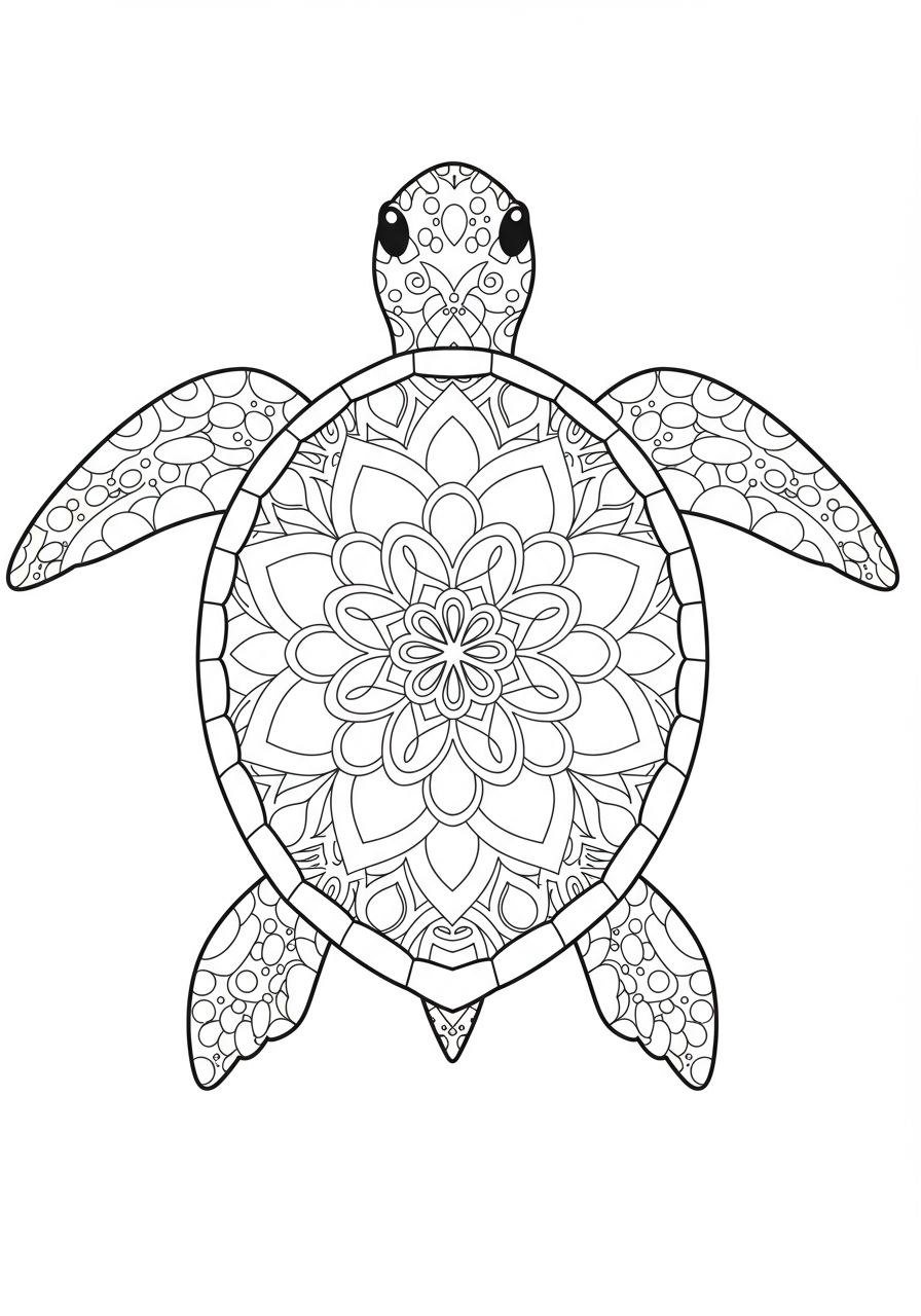 Free printable sea turtle mandala coloring page featuring an easy-to-color turtle shape with simple symmetrical patterns for kids.