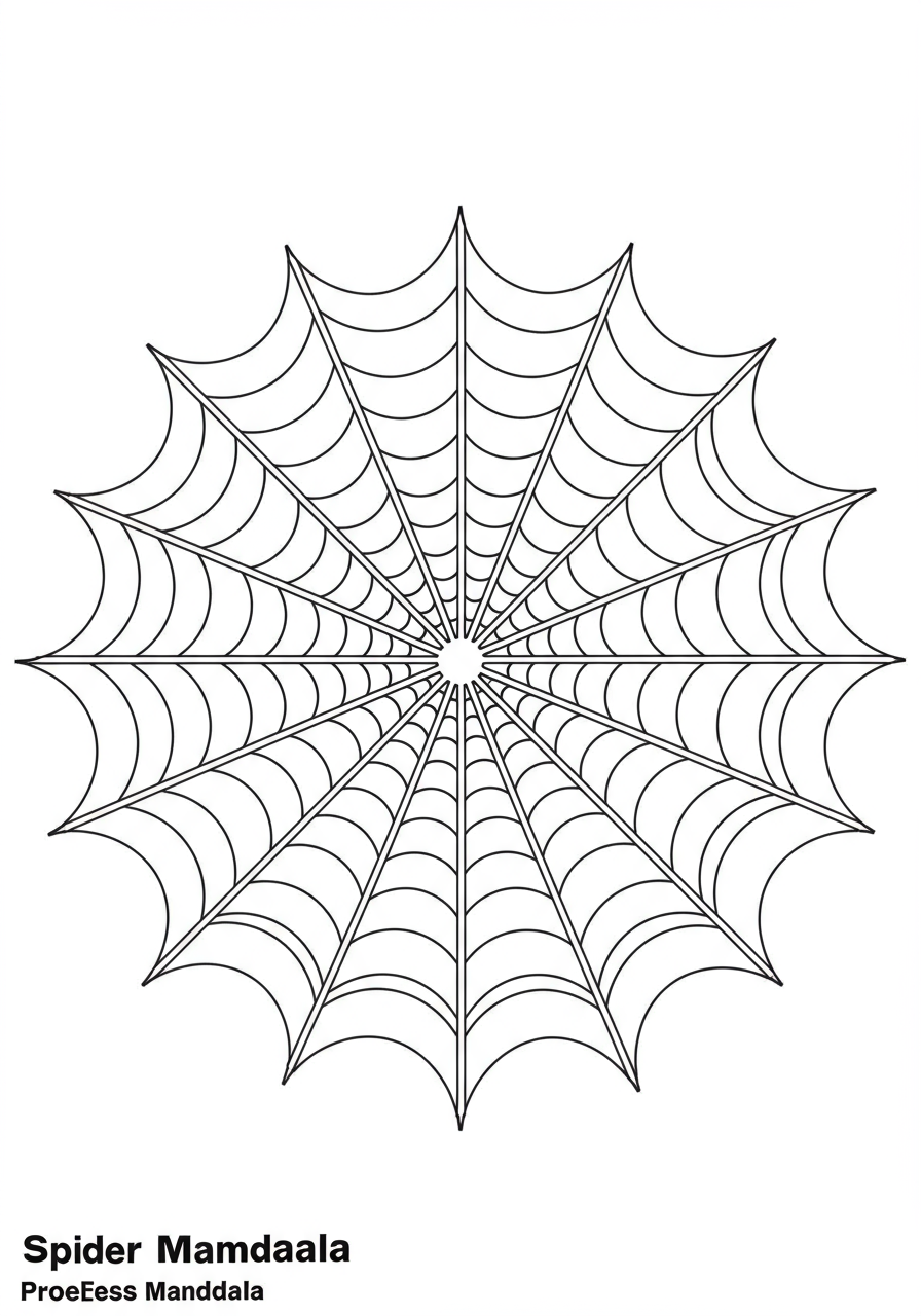 Free printable Spider Web Mandala coloring page for kids, featuring an intricate, symmetrical design of a spider web within mandala patterns, ready for creative coloring fun.