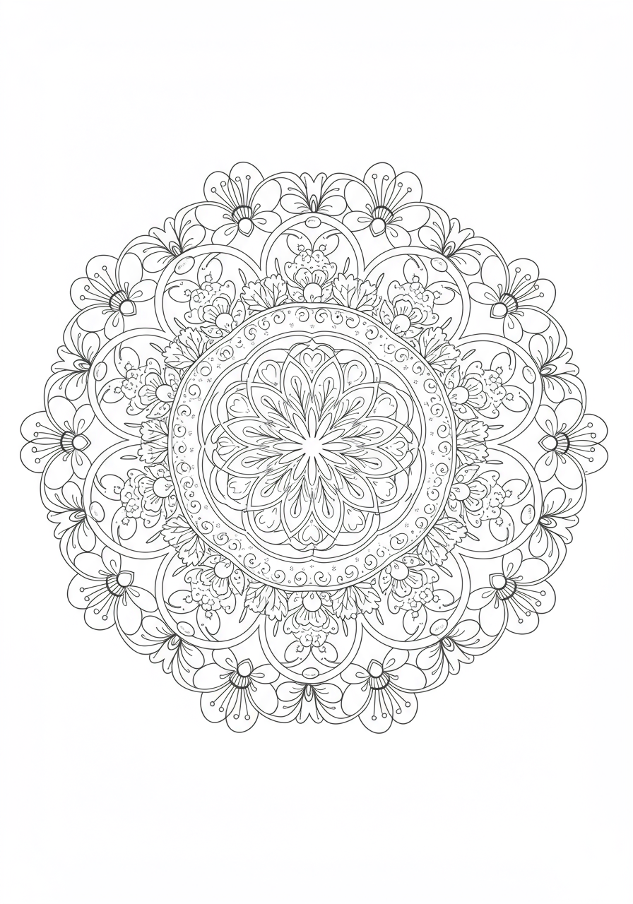 A free printable Spring Blossom Mandala coloring page featuring symmetrical floral patterns and blooming flowers, ideal for children.