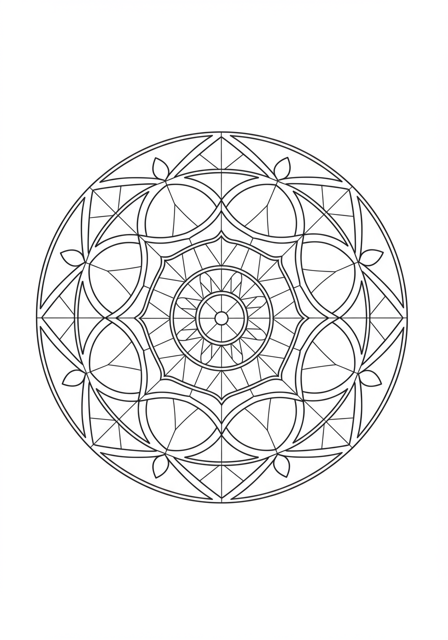 Free printable stained glass mandala coloring page for kids, featuring an easy, circular pattern with thick lines and vibrant sections, perfect for a fun art activity.
