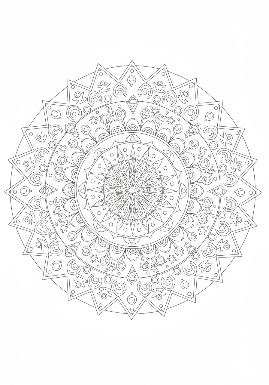 A free printable Star Constellation Mandala coloring page for kids, featuring a symmetrical design with stars, celestial patterns, and abstract elements perfect for mindful coloring.