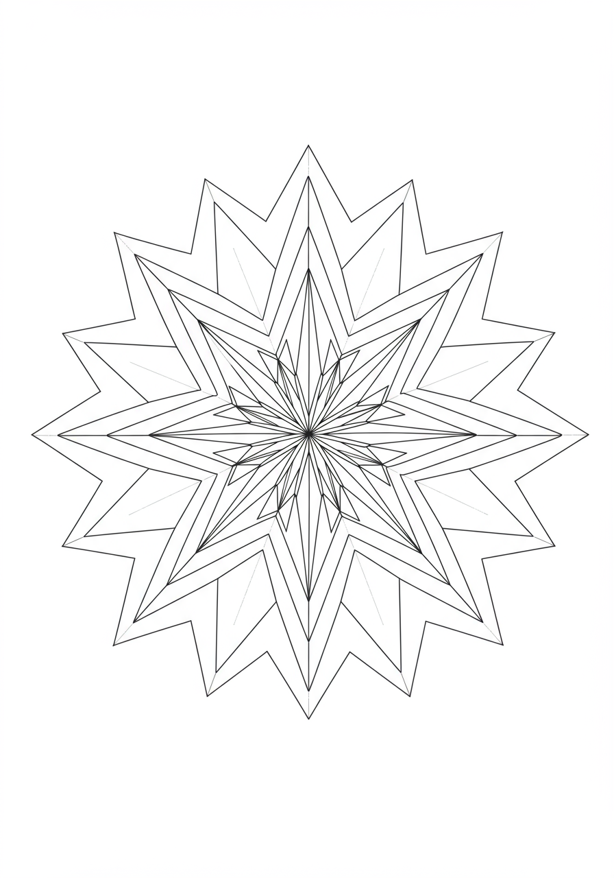 Free printable Starburst geometric pattern mandala coloring page for kids, easy difficulty, featuring radiating lines and shapes.