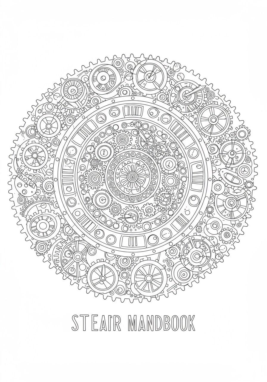Free printable Steampunk Gear Mandala coloring page for kids, featuring intricate circular patterns of gears, cogs, and clockwork elements in an easy-to-color design, perfect for a creative activity.