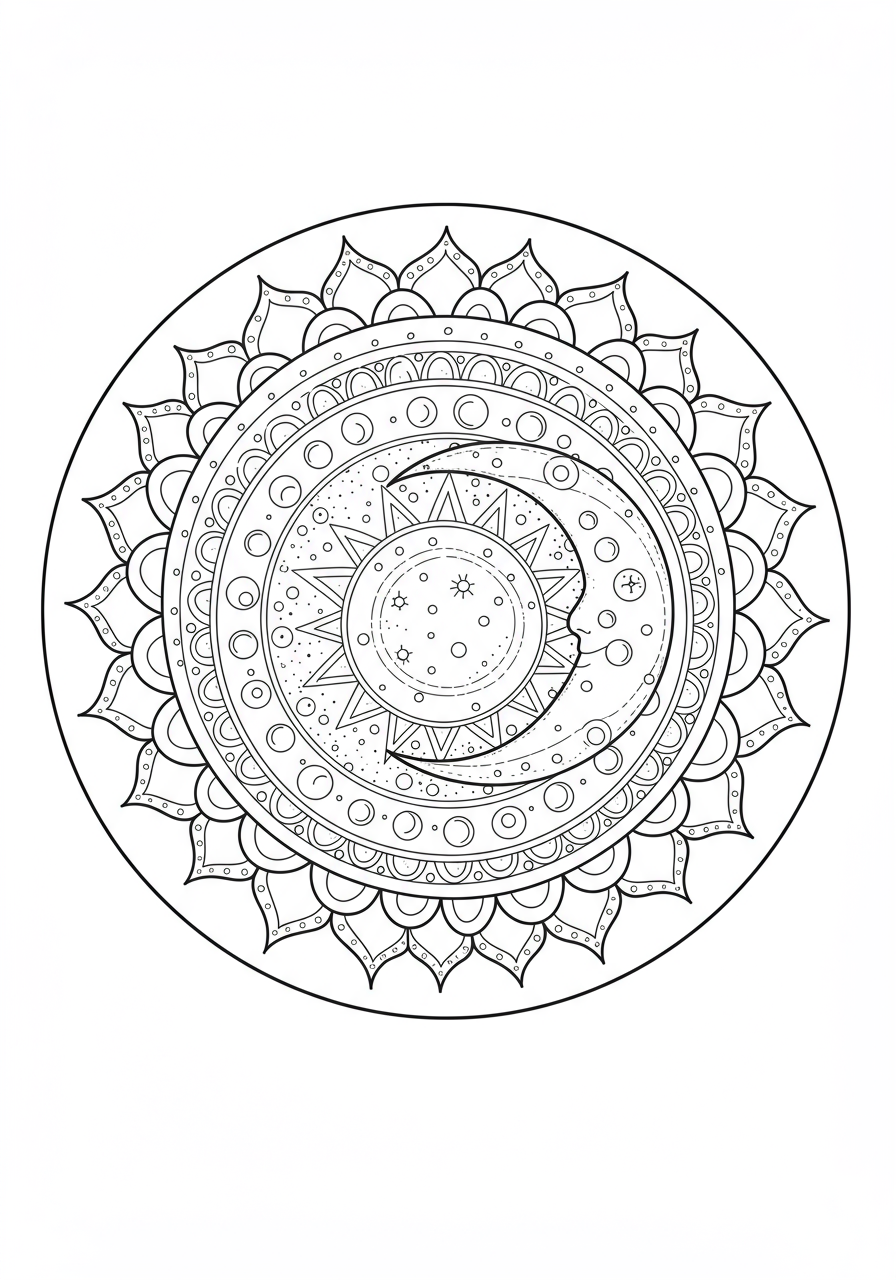 A free printable Sun and Moon Mandala coloring page for kids, featuring a symmetrical, easy-to-color design of celestial bodies within a circular pattern.