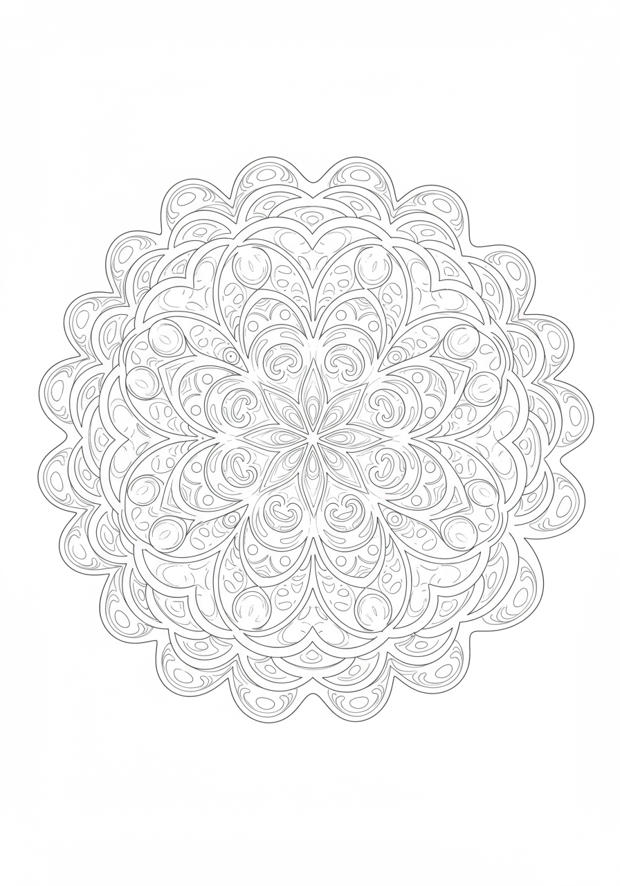 A free printable coloring page featuring an easy-to-color swirling dragon energy mandala design for kids.
