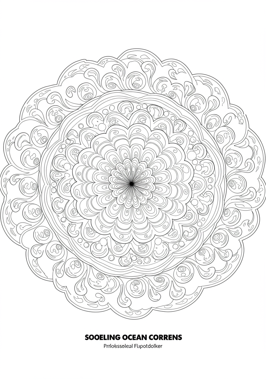 Free printable Swirling Ocean Currents Mandala coloring page for kids, featuring intricate circular patterns inspired by ocean waves and water movement, perfect for easy coloring.