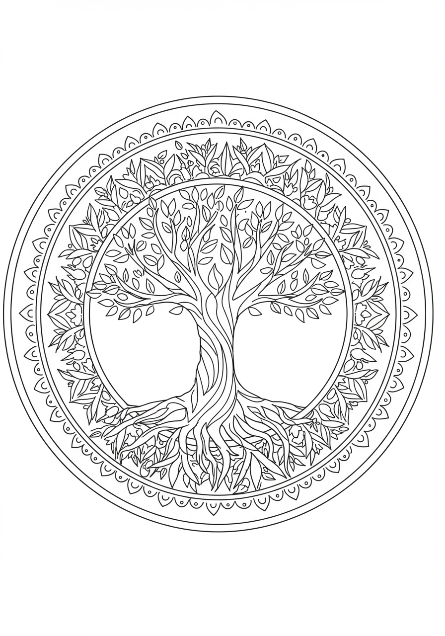Free printable Tree of Life Mandala coloring page for kids, featuring an easy-to-color circular design with a stylized tree, roots, and branches surrounded by simple patterns.