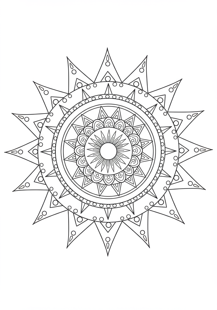 Easy free printable tribal sun mandala coloring page for kids, featuring a symmetrical sun with simple tribal patterns and bold rays, ready for creative coloring.