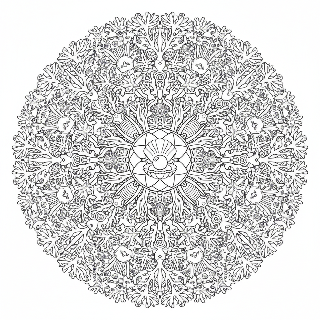 Detailed free printable Underwater Coral Reef Mandala coloring page for adults, featuring intricate ocean life patterns.