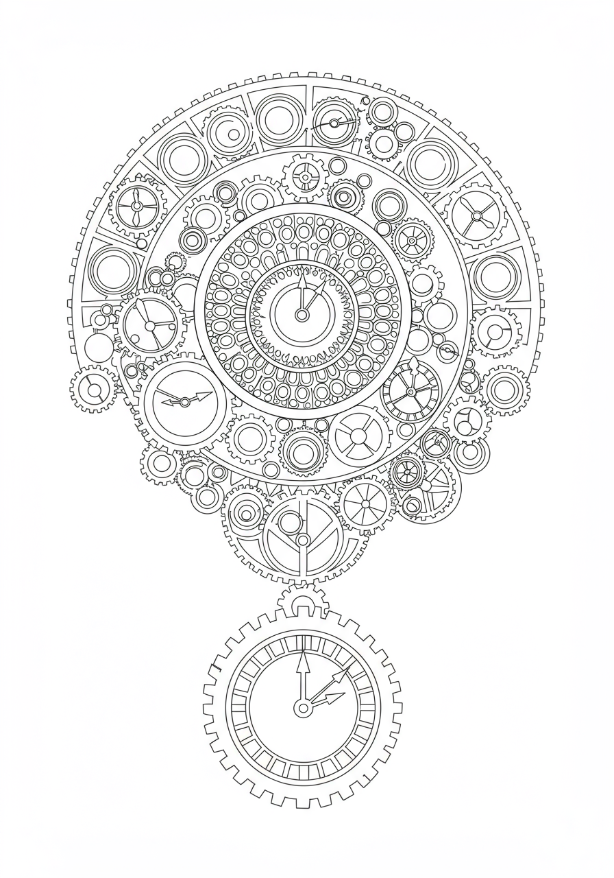 Free printable coloring page featuring an easy vintage clockwork mandala design with gears and intricate patterns for kids.
