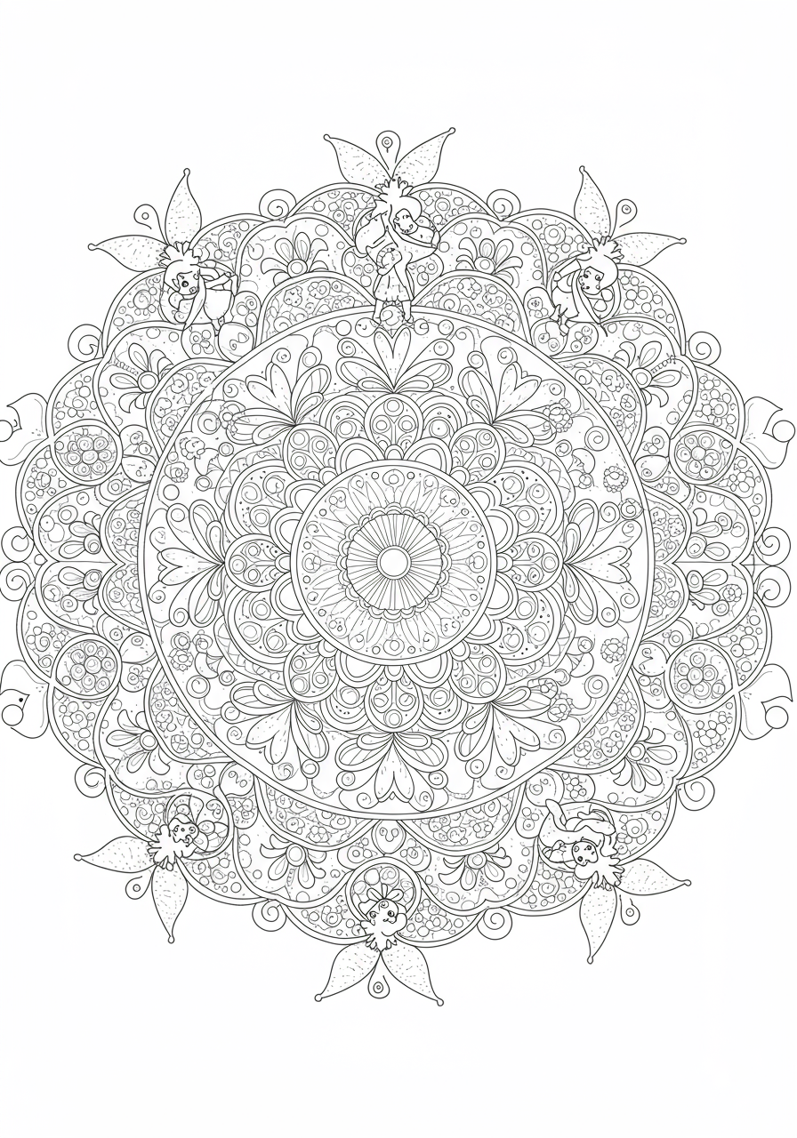 Free printable whimsical fairy mandala coloring page for kids, easy difficulty, featuring magical fairies and intricate patterns ready to be colored with crayons or markers.