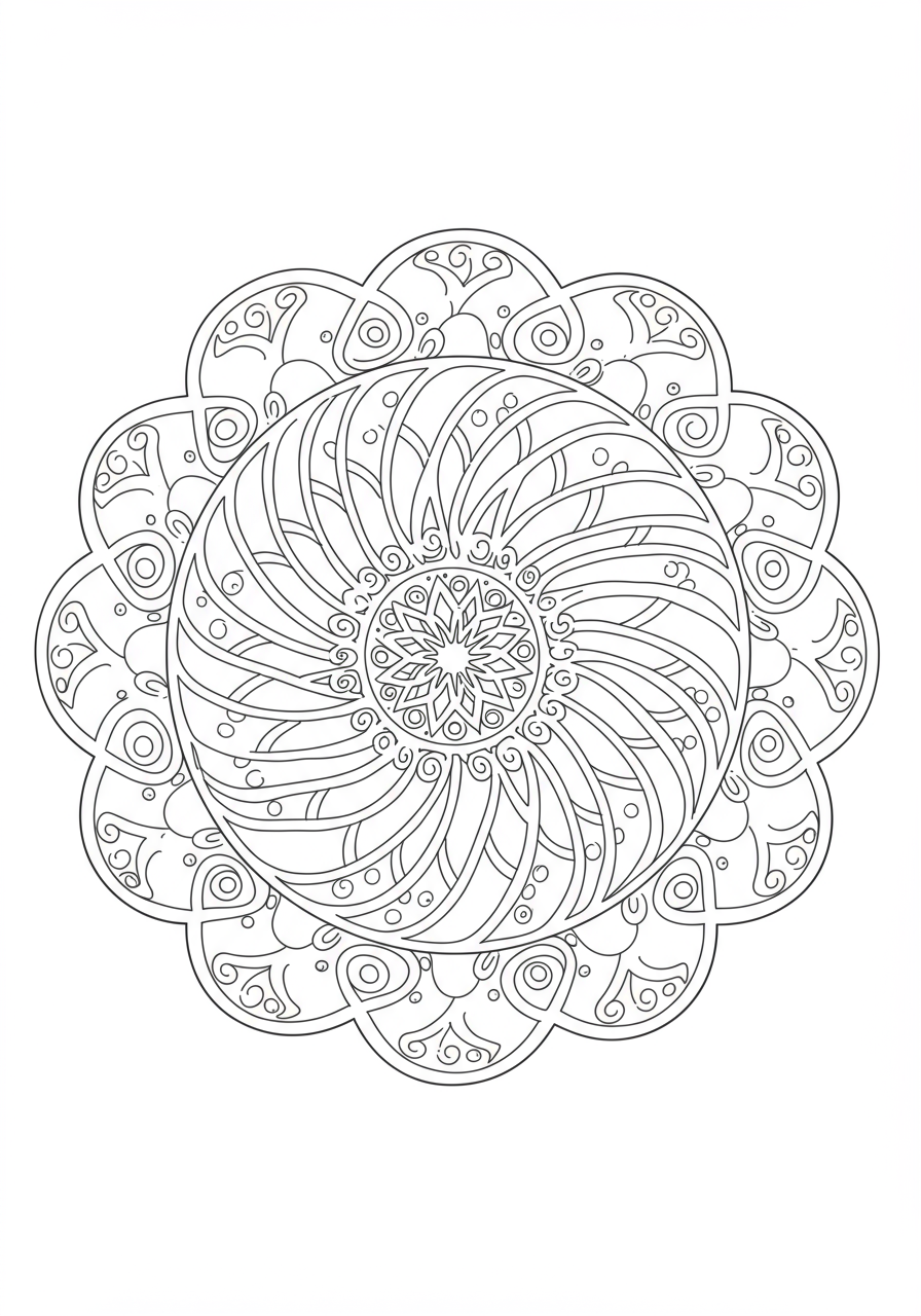 An easy free printable coloring page featuring a Whirling Dervish mandala design with swirling patterns and a central figure, perfect for kids.