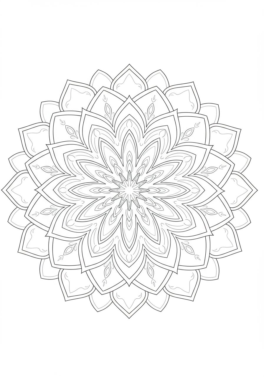 A free printable easy Winter Snowflake Mandala coloring page featuring a symmetrical, intricate snowflake pattern for kids to color.