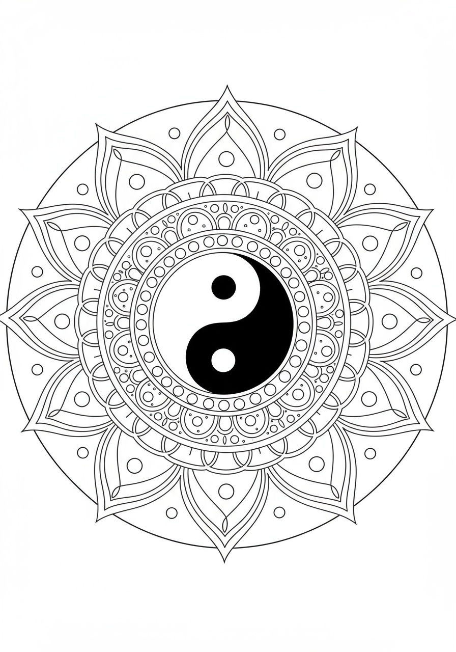 Free printable Yin Yang Balance Mandala coloring page for kids, showing a simple central Yin Yang symbol surrounded by easy-to-color geometric patterns.