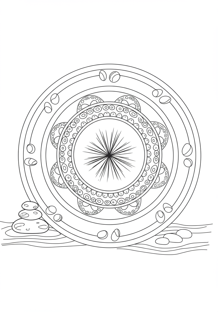 Free printable Zen Garden Mandala coloring page for kids, featuring easy-to-color raked sand patterns, smooth stones, and simple natural elements, designed for relaxation and creativity.